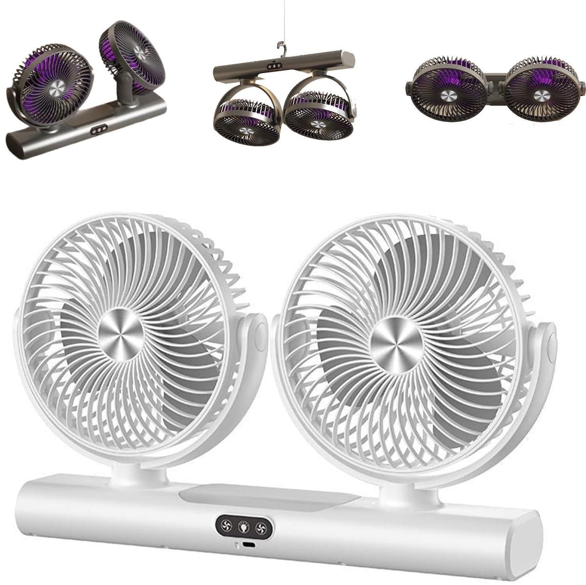 Kraftverdia® Dubbele Luchtcirculator – USB Oplaadbare Bureauventilator met 2 Ventilatorkoppen – Tafel-, Hang- en Wandventilator – 3 Snelheden – LED Verlichting – Type-C – Wit — afbeelding 1