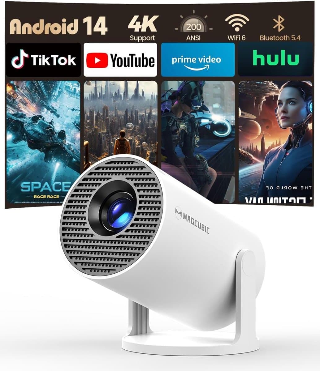 Mini Beamer 4K – Android 14 – WiFi 6 & Bluetooth 5.4 – 200 ANSI Lumen – 180° Draaibaar – Full HD — afbeelding 1