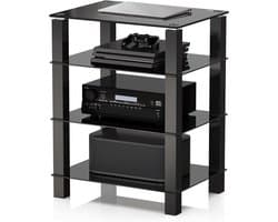 FITUEYES HiFi-meubel - 4 laags gehard glas rek - Hoogteverstelbaar - Verstelbare voetjes - Voor platenspeler en versterker