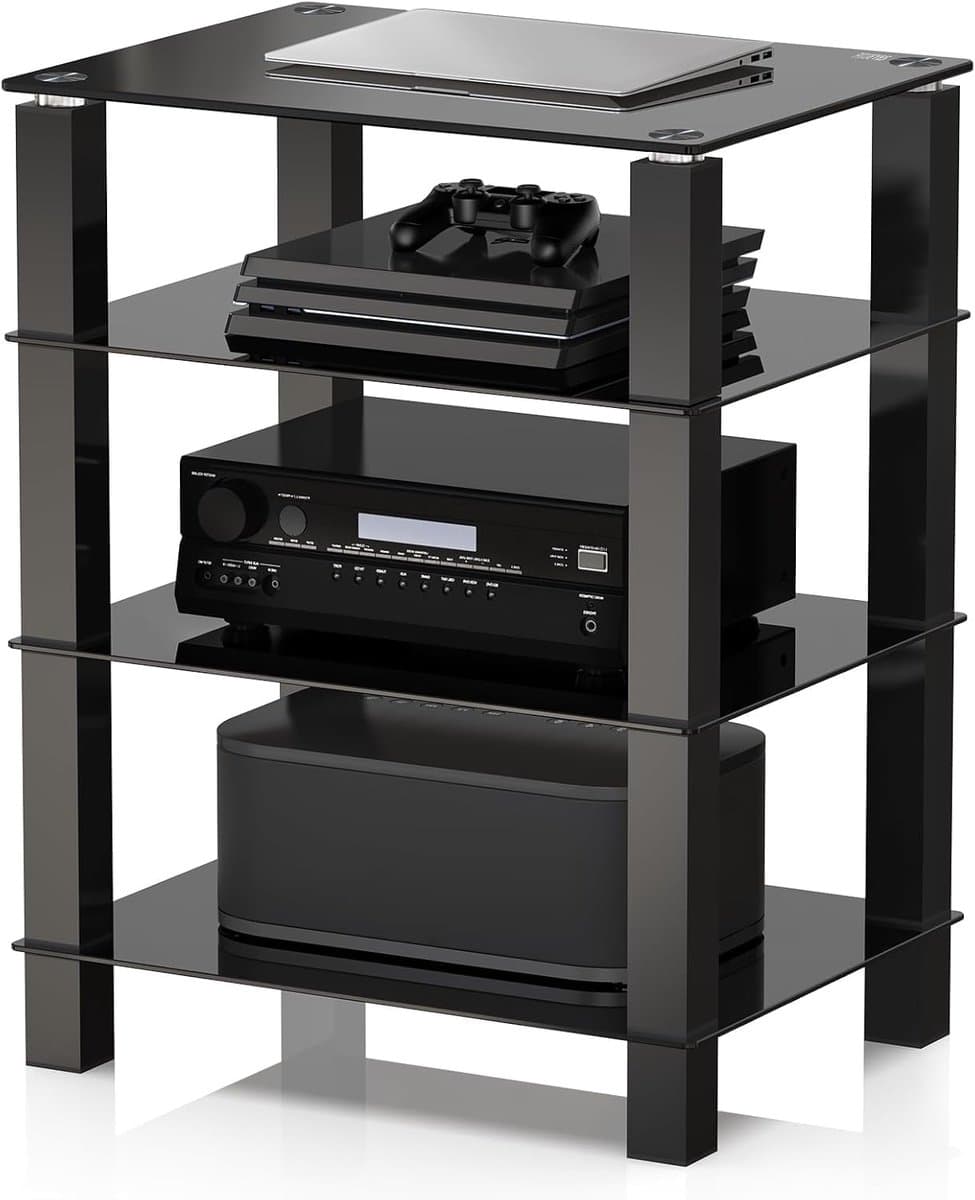 FITUEYES HiFi-meubel - 4 laags gehard glas rek - Hoogteverstelbaar - Verstelbare voetjes - Voor platenspeler en versterker — afbeelding 1