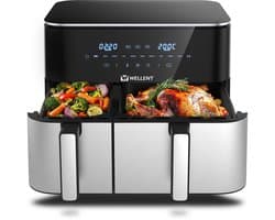 SnelShoppen - Airfryer XXL 11 liter, 2 kamers (4 + 7 l), 2600 W, 10-in-1 heteluchtfriteuse met touchscreen, dubbele kamer, schudherinnering, ideaal vo