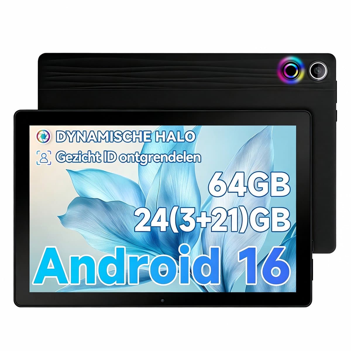 Android 16 Tablet - 10.1 inch Tablets- 24GB RAM + 64GB ROM– 6000mAh - 5G WiFi - Face ID - Zwart — afbeelding 1