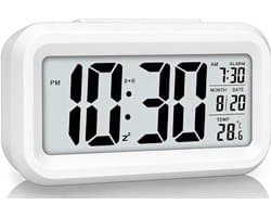 Digitale wekker voor de slaapkamer, op batterijen werkende bureauklok, digitale klok met slim nachtlampje, 12/24-uurs weergave