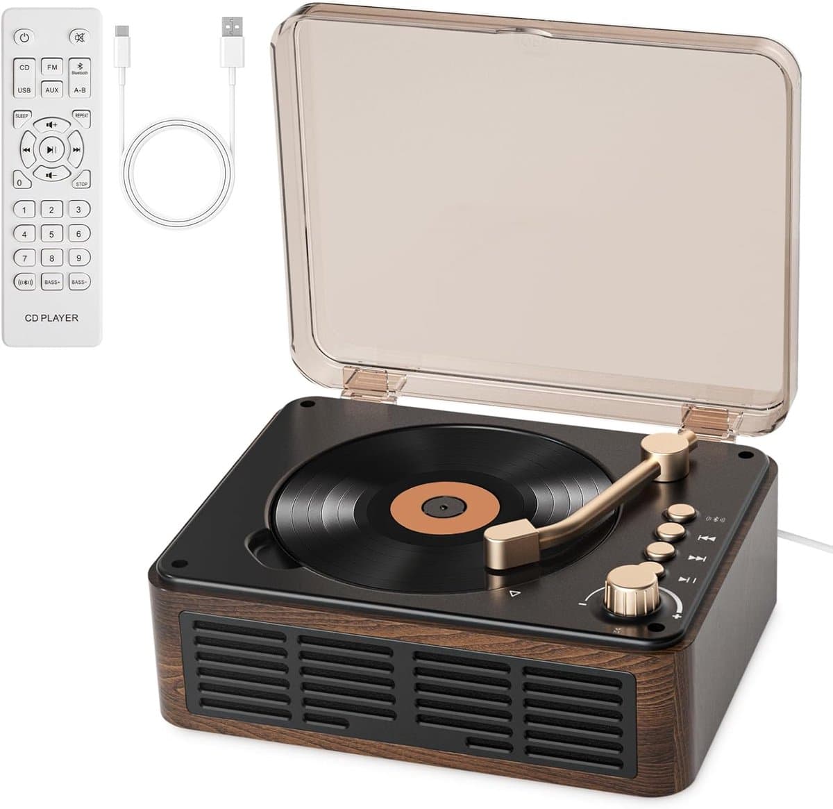 CINK & Co CD-speler met Luidsprekers - Bluetooth 5.0 en FM-radio - USB, USB-C en AUX - Met Afstandsbediening - Houtkleur — afbeelding 1