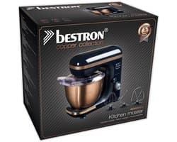Bestron 4-in-1 Keukenmachine, 7 Snelheidsstanden, incl. Garde, Kneedhaak en Mengarm, met spatscherm & mengkom van 2,5 liter, 1000W, kleur: koper