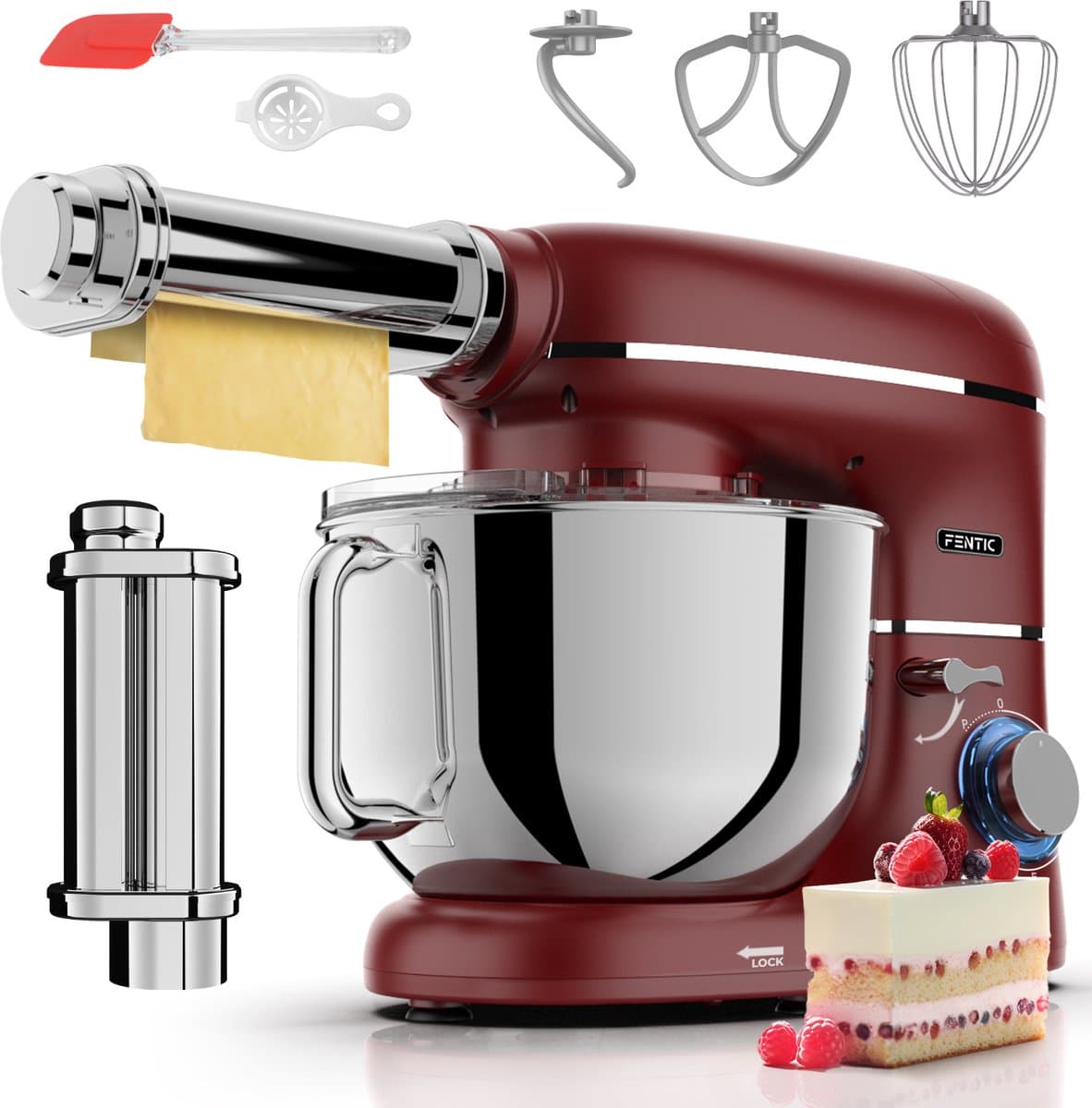Fentic Keukenmachine - 2000W - Keukenrobot - Incl. Pastaroller en extra accessoires - 6,2L Mengkom - Foodprocessor - Pastamachine - Rood — afbeelding 1