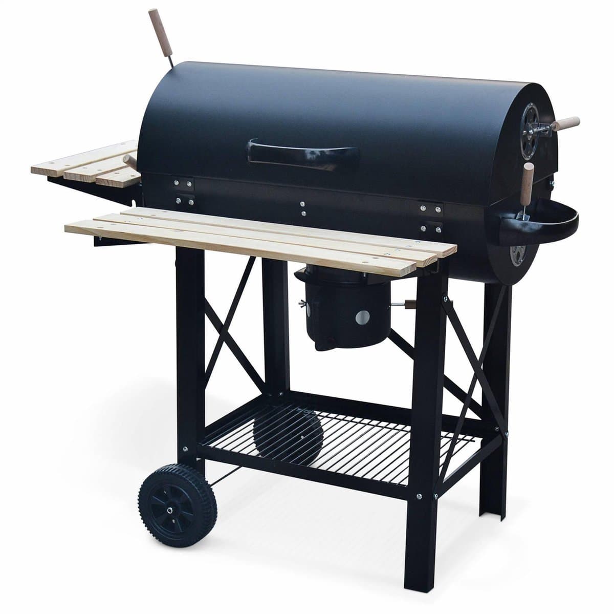 sweeek - Houtskoolbarbecue serge zwart, met rookfunctie (smoker), amerikaanse stijl, asopvangbak, zijtafels en wieltjes — afbeelding 1