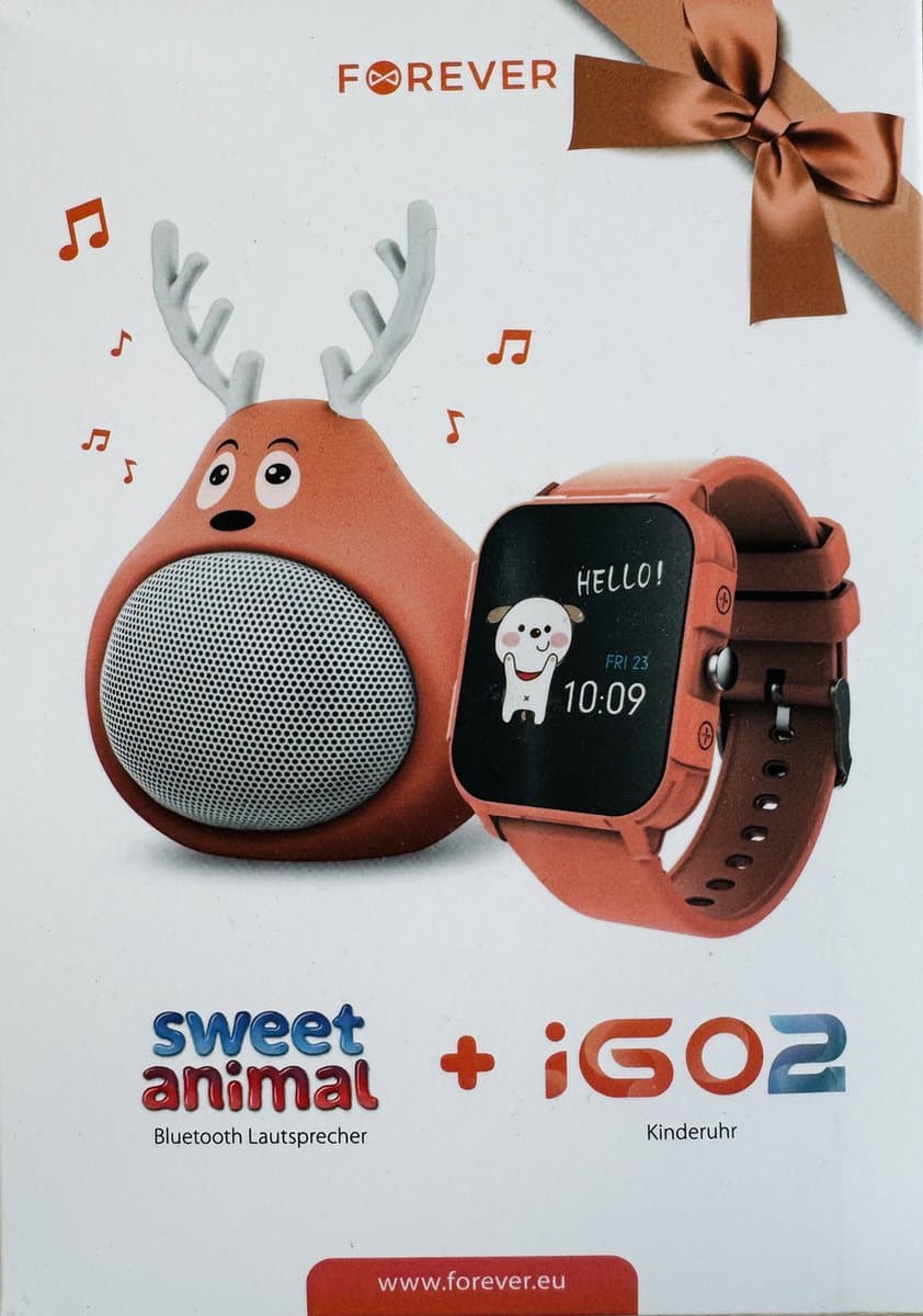 Forever iGO2 JW-150 Kinderhorloge oranje smartwatch voor Smartphone iOS + Android horloge met touchscreen IP68 + Bluetooth Luidspreker sweet animal Oranje Geschenkset — afbeelding 1