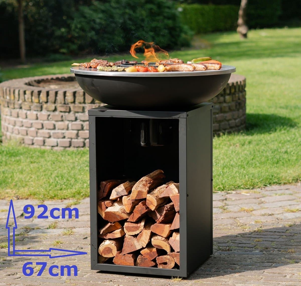 RJRoyal Living Plancha grill BBQ Amigo grillring met hoes en houtopslag vuurschaal rvs buitenkeuken grillring voor buiten 67x67x92cm — afbeelding 1