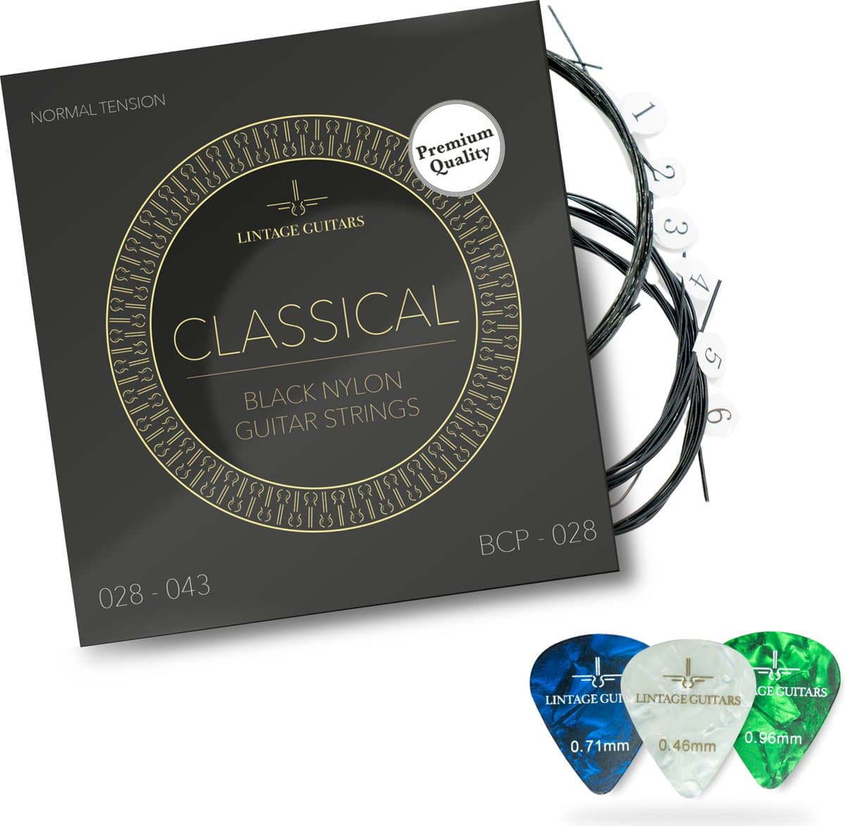 Premium Black klassieke akoestische gitaar snaren - Normal Tension - Inclusief 3 celluloid Plectra - BCP-028 — afbeelding 1