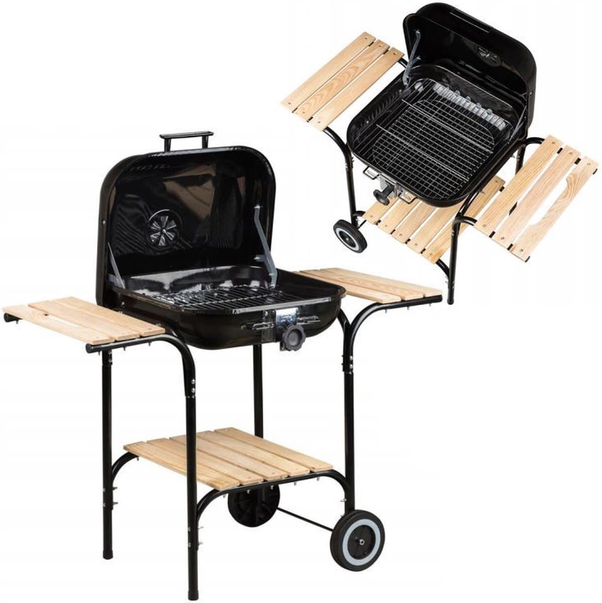 Grote tuingrill met verstelbaar rooster - Barbecue - scharnierend deksel - Grill op wielen - BBQ - Metalen grill - Grill met planken- Houtskoolgrill- Houtskoolbarbecue — afbeelding 1