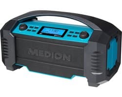 MEDION E66050 DAB+ bouwplaatsradio (geïntegreerde batterij, IP54-bescherming tegen spatwater en stof, USB-oplaadfunctie, Bluetooth 5.0, PLL FM-radio, batterij- of netvoeding) blauw
