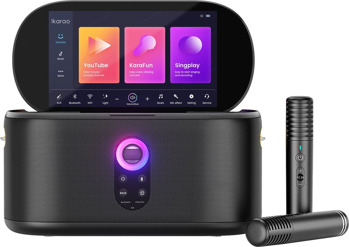 Ikarao Karaoke set voor Volwassenen - Shell S1 - 2 Draadloze Microfoons - 180W - Gratis Karaoke App 6 maanden - HD scherm - Zwart — afbeelding 1
