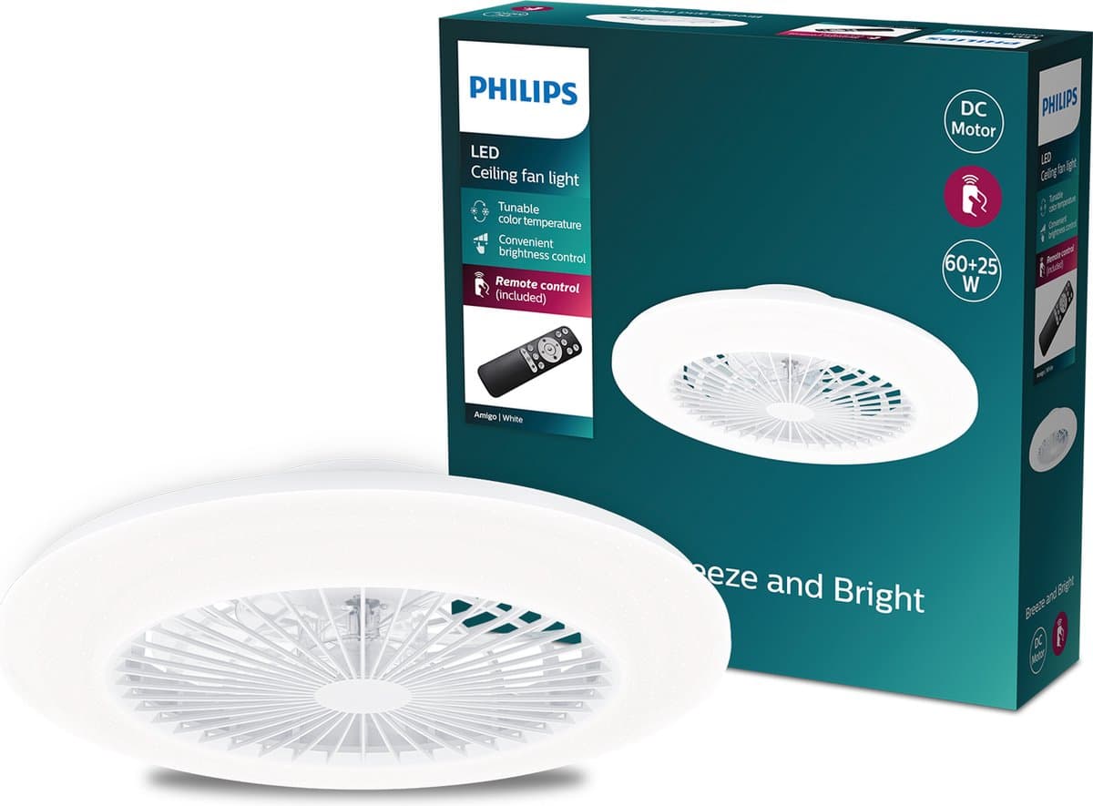 Philips Amigo Ventilator - Energiezuinige LED verlichting - Plafondlamp - Instelbare kleurtemperatuur - 57,5 cm diameter -Afstandsbediening - Wit — afbeelding 1