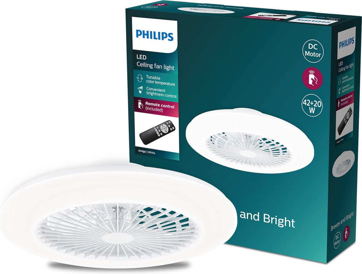 Philips Amigo Ventilator - Energiezuinige LED verlichting - Plafondlamp - Instelbare kleurtemperatuur - 48,5 cm diameter -Afstandsbediening - Wit — afbeelding 1