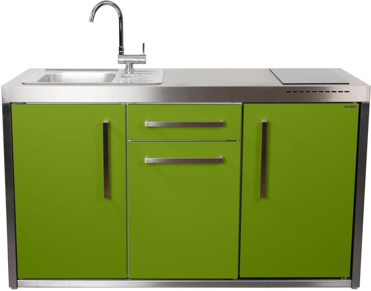Minikeuken BeNeLux Stengel MO150 S voorgemonteerde metalen outdoor keuken met koelkast - inductie kookplaat - water en electriciteits aansluiting inclusief alle toebehoren Appel Groen — afbeelding 1