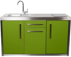 Minikeuken BeNeLux Stengel MO150 S voorgemonteerde metalen outdoor keuken met koelkast - inductie kookplaat - water en electriciteits aansluiting inclusief alle toebehoren Appel Groen