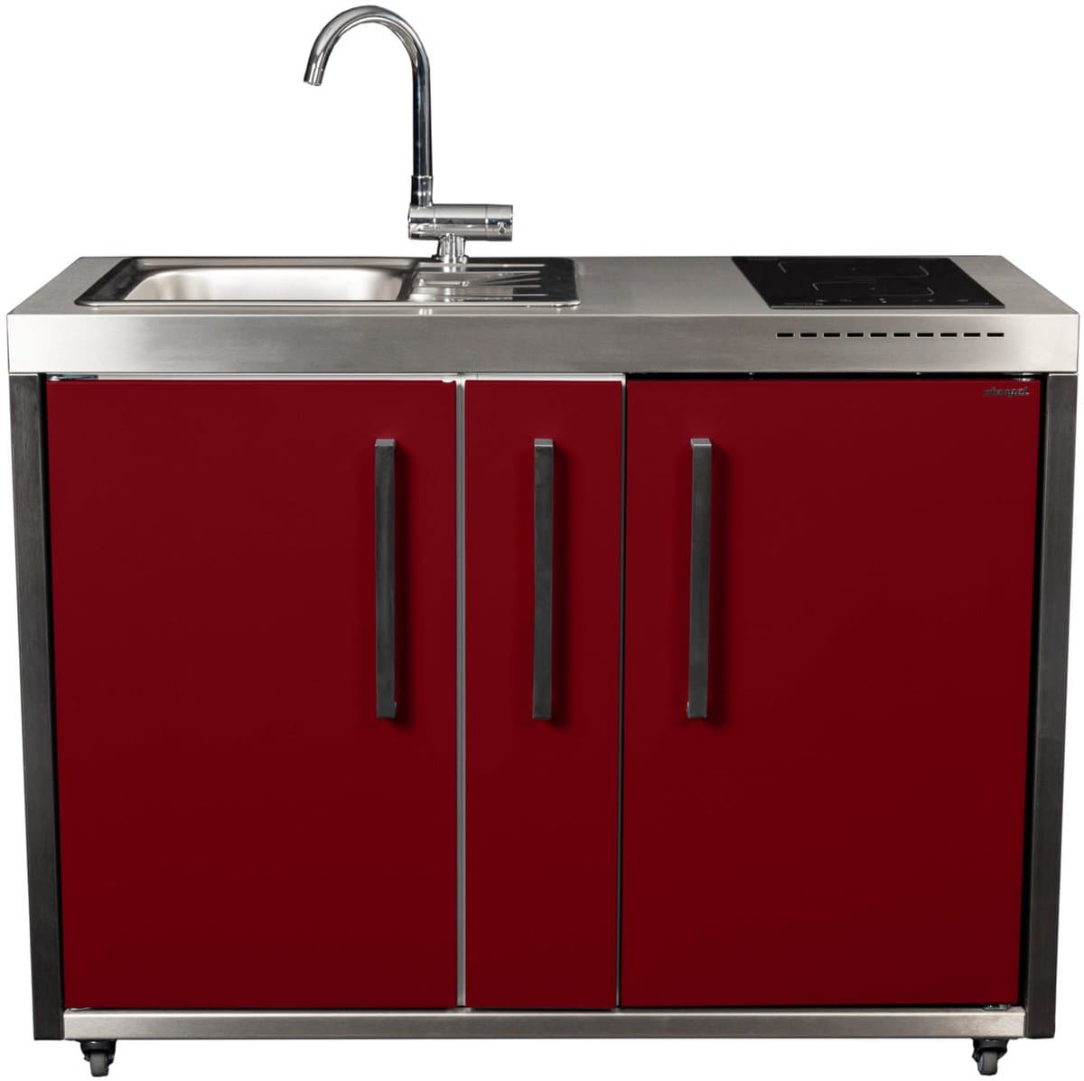 Minikeuken BeNeLux Stengel MO120 A voorgemonteerde metalen outdoor keuken met koelkast - inductie kookplaat - water en electriciteits aansluiting inclusief alle toebehoren Rood Bordeaux — afbeelding 1