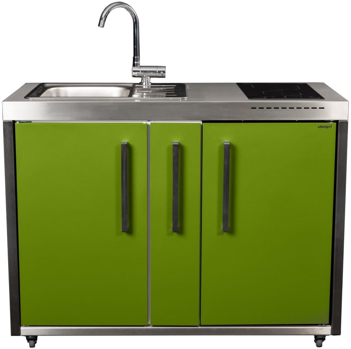 Minikeuken BeNeLux Stengel MO120 A voor gemonteerde metalen outdoorkeuken met koelkast - inductie kookplaat - water en electriciteits aansluiting inclusief alle toebehoren Appel Groen — afbeelding 1