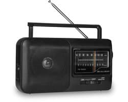 Caliber Noodradio - Draagbare radio - Werkt op batterijen en op Netstroom - Retro radio - FM radio - Keukenradio - Noodradio Denk Vooruit - Handvat - Koptelefoonaansluiting - Zwart (HPG317-B)