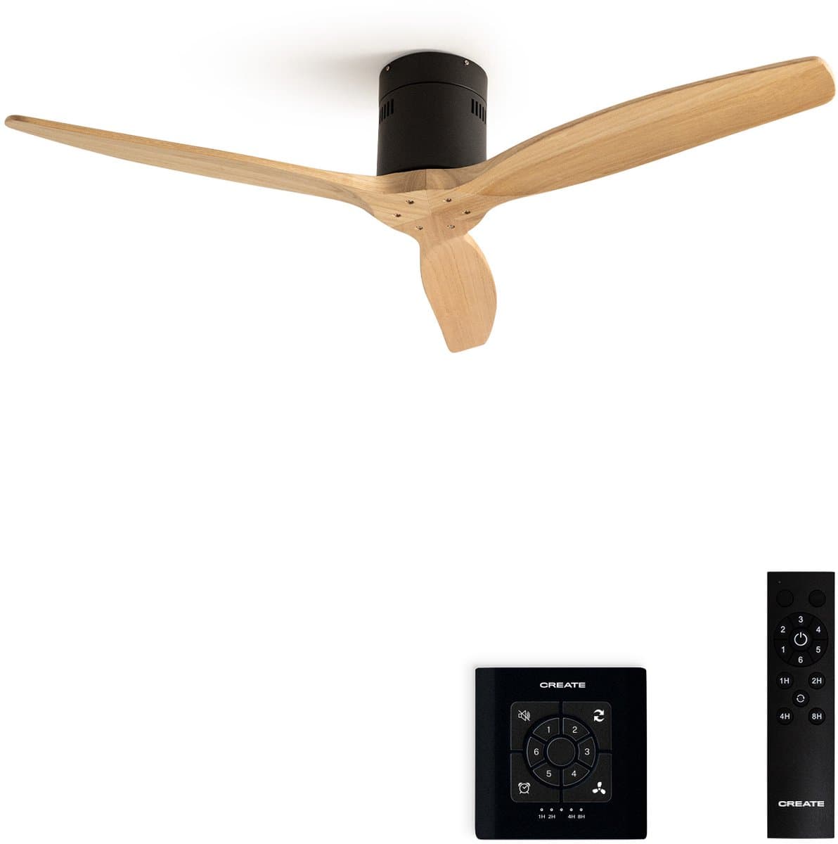 CREATE - Plafondventilator 40W silent 100% hout - S - Geen licht - Controller voor wandmontage - WIND CALM NATURAL WOOD — afbeelding 1