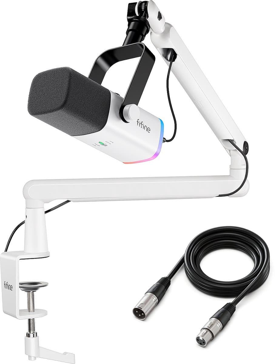 FIFINE TAM8 XLR - USB / XLR Studio microfoon - Flexibele Arm ( BM88 ) - Met kabelgoot - Geschikt voor PC/PS4/PS5 - RGB - Podcast - Gaming - Streaming - Wit — afbeelding 1