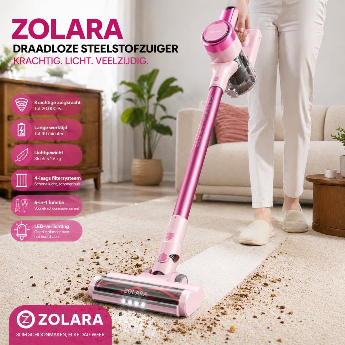 Zolara Draadloze Steelstofzuiger - Roze - Zakloos -Krachtige 23 KPA Zuigkracht met LED Display en Lange Accuduur - Roze stofzuiger - Zonder zak - Pink — afbeelding 1