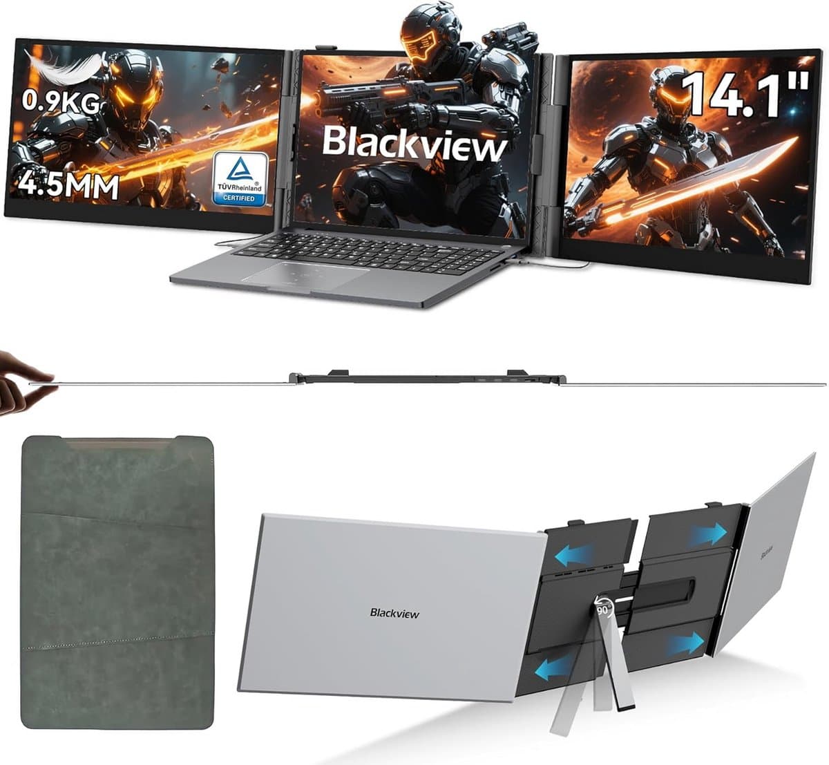 Blackview DCM6 14" Dubbele Draagbare Monitor – Extra Laptopscherm 13-17.3" – Uitbreidingsscherm – Dual Screen – IPS Full HD – Plug & Play – 3x USB-C – Inclusief Kabels & Beschermhoes – Grijs — afbeelding 1
