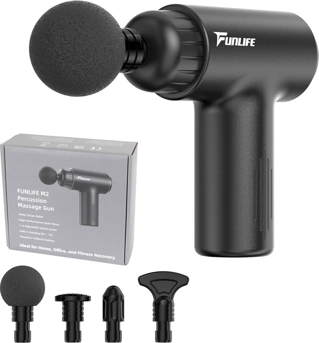 Funlife M2 Mini Massage Gun Zwart - Compact Massagepistool 0,5 kg - Fluisterstil <45 dB - 6 Intensiteitsstanden - 4 Massagekoppen - Draadloos — afbeelding 1