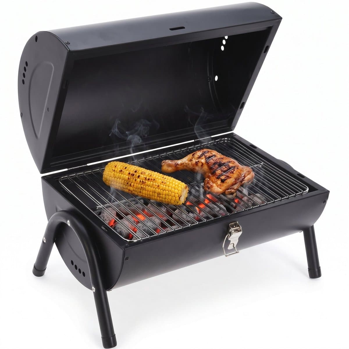 Cheqo® Houtskoolbarbecue - Barbecue Tafelmodel - BBQ Tafelmodel - Tafelbarbecue - Compacte Houtskool Grill - Kolen Barbecue - Draagbaar - voor Camping - Balkon - Picknick - Park en Strand - Cilindervorm - Deksel - Mat Zwart - Mini BBQ — afbeelding 1