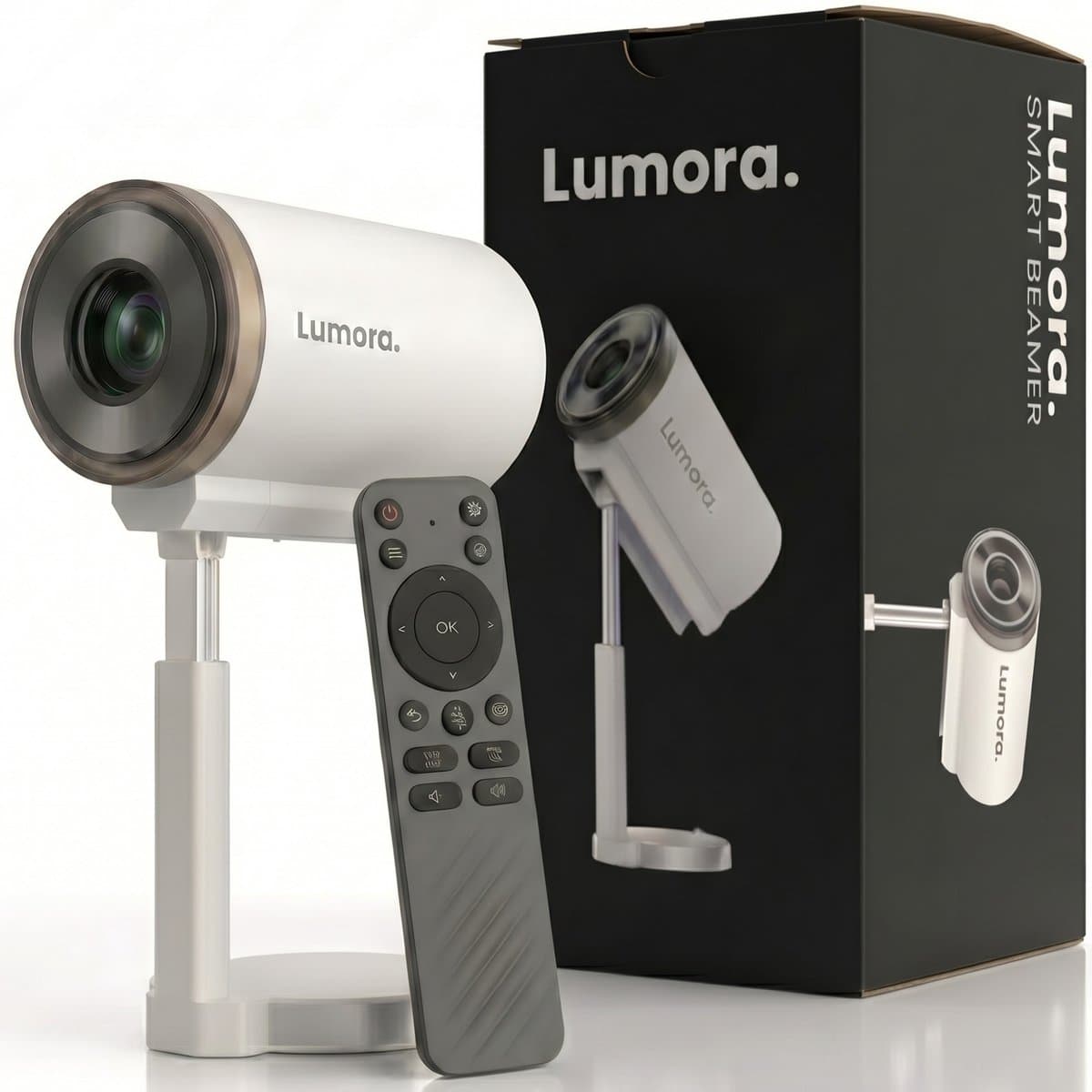 Lumora® Pro Mini Beamer 2026 – Alles-in-één Smart TV Projector – 4K Ultra HD – Android 13 – WiFi 6 & Bluetooth 5.4 – Voor iOS & Android – Inclusief in hoogte verstelbare standaard – Wit — afbeelding 1
