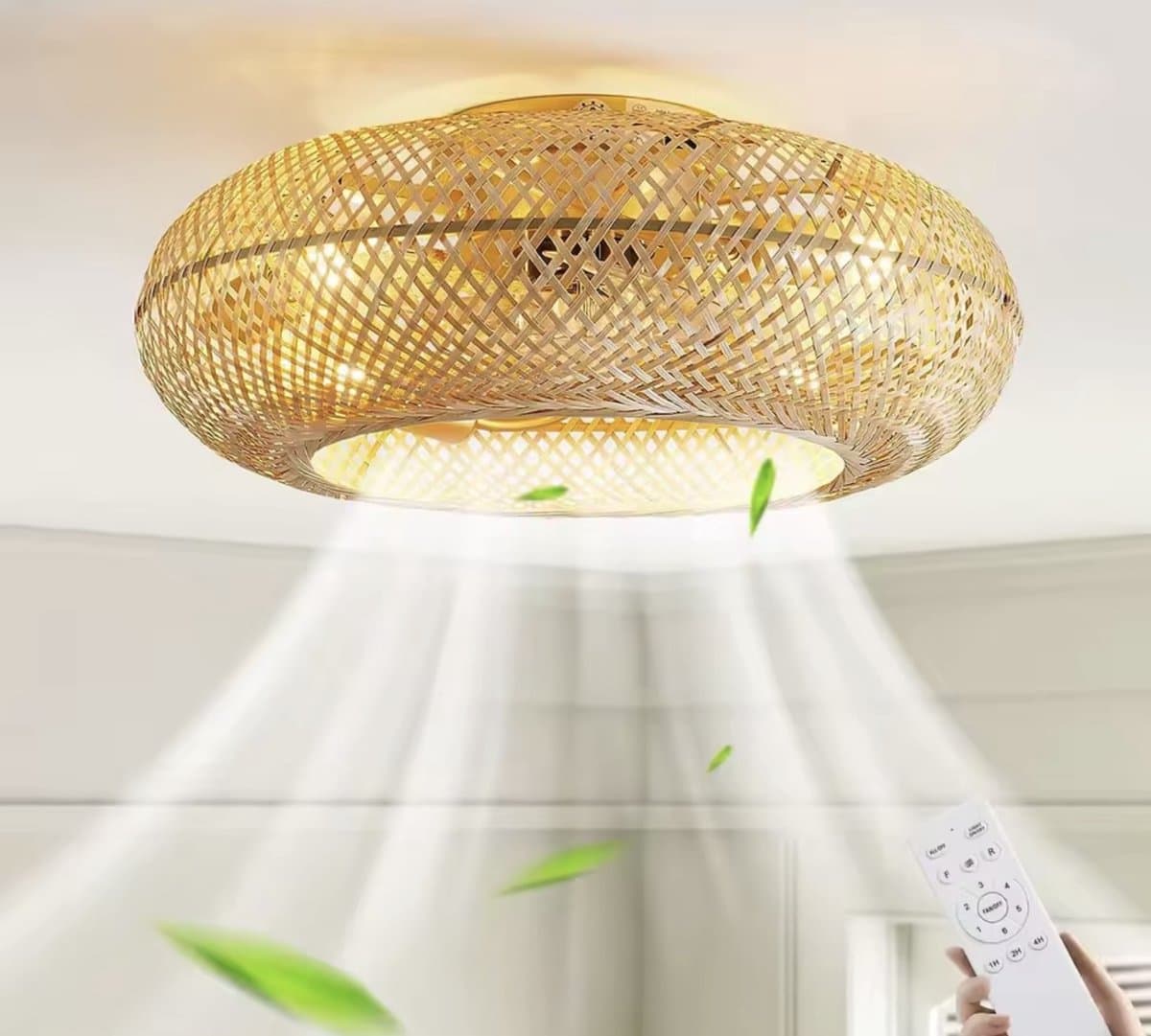 Plafondventilator met Verlichting – Bamboe Look – Ø50cm – Transparante Bladen – Met Afstandsbediening — afbeelding 1