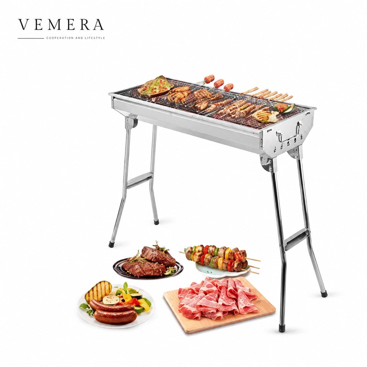 Vemera bbq - barbecue - Houtskoolgrill - opvouwbaar dus gemakkelijk te transporteren - roestvrijstaal - zilver — afbeelding 1