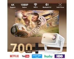 Huidun PT10 Beamer - 700ANSI - WiFi 5 - Autofocus - Automatische trapeziumcorrectie - Android 13 - Whale OS - Officiële Netflix, YouTube en Disney+ - Compact en draagbaar - Laag geluidsniveau - Thuisbioscoop en buitengebruik - Wit