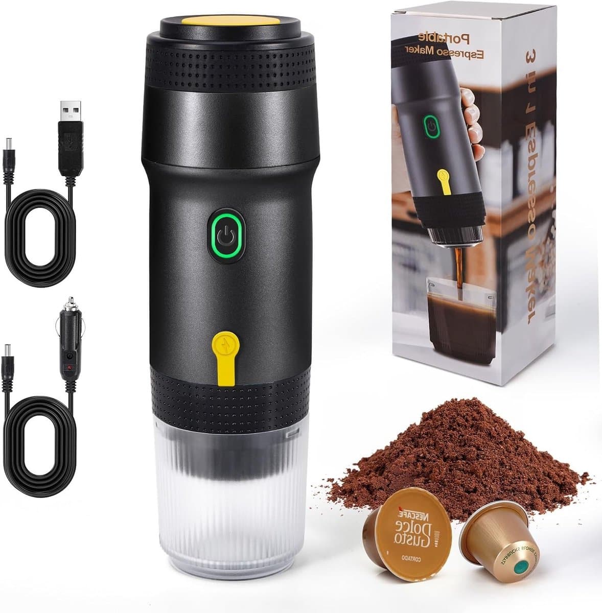 Draagbare Mini Espressomaker voor Auto - Geschikt voor Koffiecapsules en Koffiepoeder - Snelle Verhitting en Ideaal voor Buitengebruik — afbeelding 1