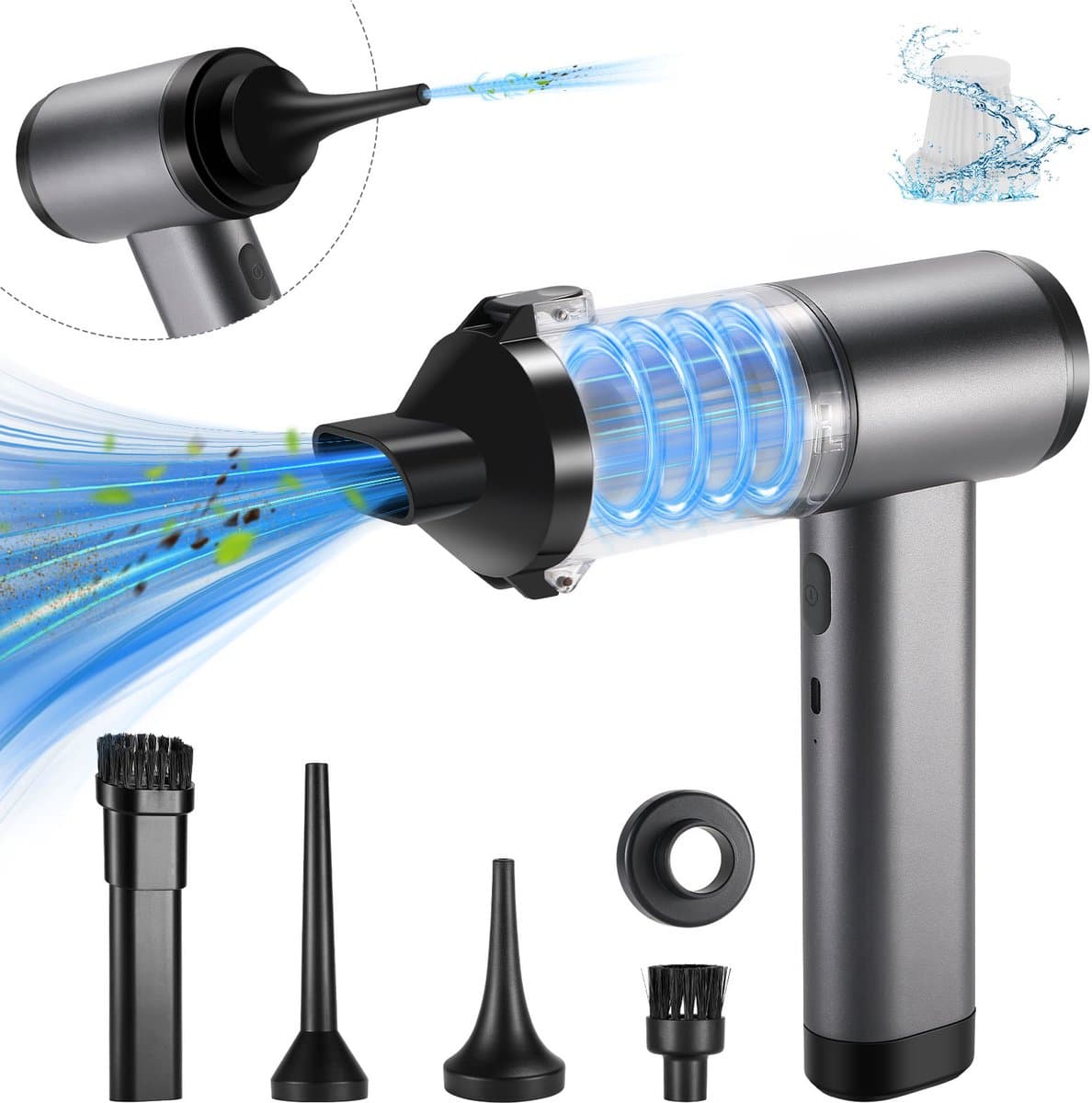 Kruimeldief - Auto Stofzuiger - Zuigen & Blazen - Handstofzuiger - Auto Stofzuiger Draadloos - 7 Opzetstukken - 16000Pa - Air Duster - Grijs — afbeelding 1