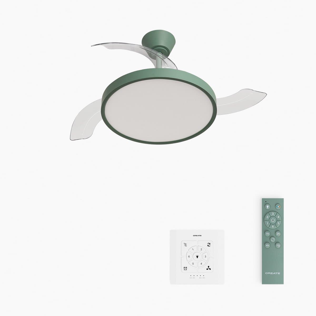CREATE - Plafondventilator 40W stil met intrekbare bladen met licht - Ø91cm - Sage - Controller voor wandmontage + afstandsbediening - WIND CLEAR STUDIO — afbeelding 1