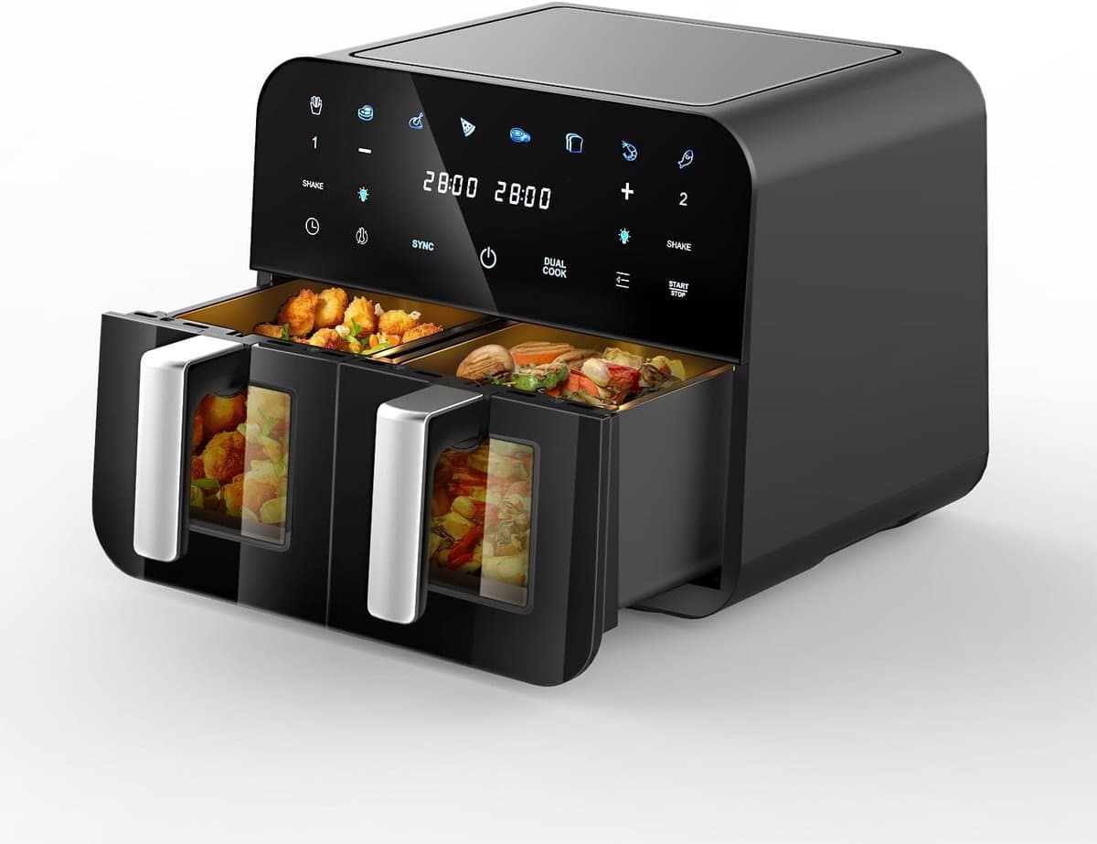 Heteluchtfriteuse 2 kamers - Dubbele Airfryer - Gezond Frituren - 9 Liter Capaciteit - 39x30x39 cm - Zwart — afbeelding 1
