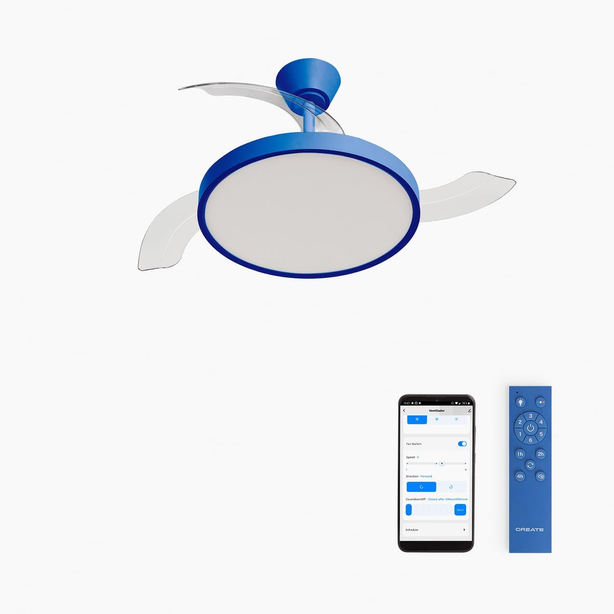 CREATE - Plafondventilator 40W stil met intrekbare bladen met licht - Ø91cm - Kobaltblauw - WIFI + afstandsbediening - WIND CLEAR STUDIO — afbeelding 1