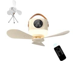 Campingventilator - Draagbare campingventilator - Ventilator - Met verlichting en afstandsbediening- Met 4 snelheidsstanden en timerfunctie 3 standen nachtlampje - Meerdere plaatsingsmethoden met statief - voor luifel strand camper - Beige