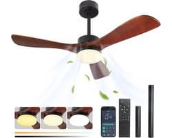 Rosnek Plafondventilator met Verlichting - Ø 132cm - Massief Houten Bladen - Stille DC Motor - App & Afstandsbediening - Dimbare LED - Zomer en Winterstand - Slaapkamer/Woonkamer