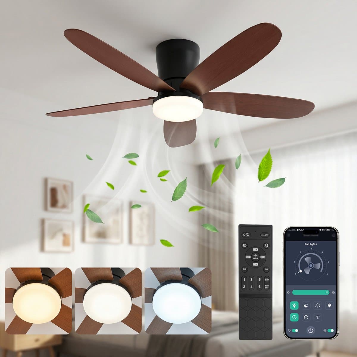 Rosnek Plafondventilator met Verlichting - Ø106 cm - Dubbelzijdige Bladen (Zwart/Walnoot) - Stille DC Motor - App & Afstandsbediening - Dimbare LED - 6 Snelheden - Slaapkamer — afbeelding 1