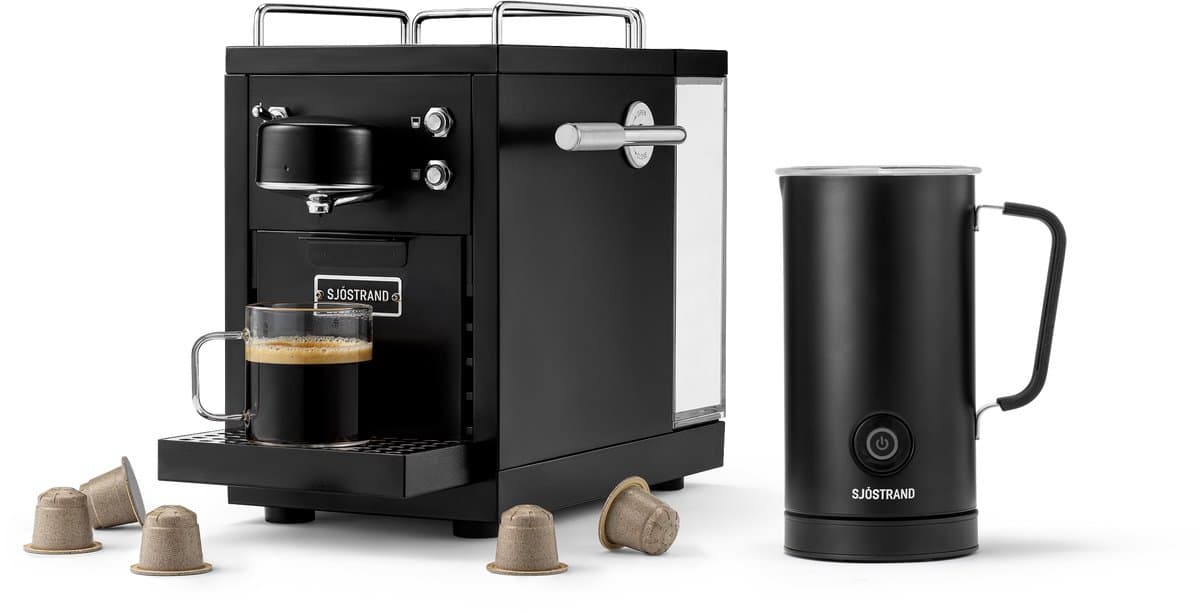 Sjöstrand Espresso Capsule Machine The Original 2.0 Black+ Melkopschuimer - Zwart- Set — afbeelding 1