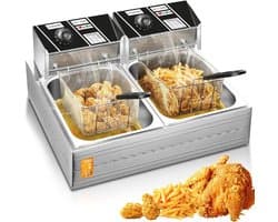 Elektrische friteuse van 5,5 l/11 l, gemakkelijk schoon te maken, commerciële friteuse van 2500 W met temperatuurregeling van 50-220 ° C, roestvrijstalen oliefriteuse voor frites 5.5+5.5L