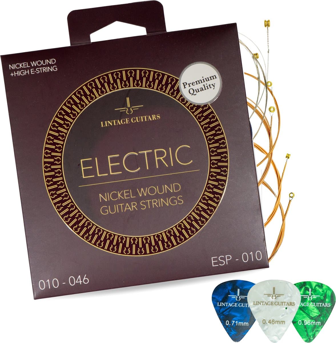 Premium Elektrische gitaar snaren + Extra hoge E snaar - Inclusief 3 Celluloid Plectra - ESP-010 - Nickel Wound — afbeelding 1