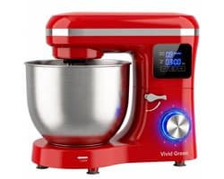 Vivid Green 2000W Keukenmixer - Timer & Automatische Stop - Geschikt voor Zwaar Deeg - 6,2L Mengkom - Keukenmachine - Keukenrobot - Rood