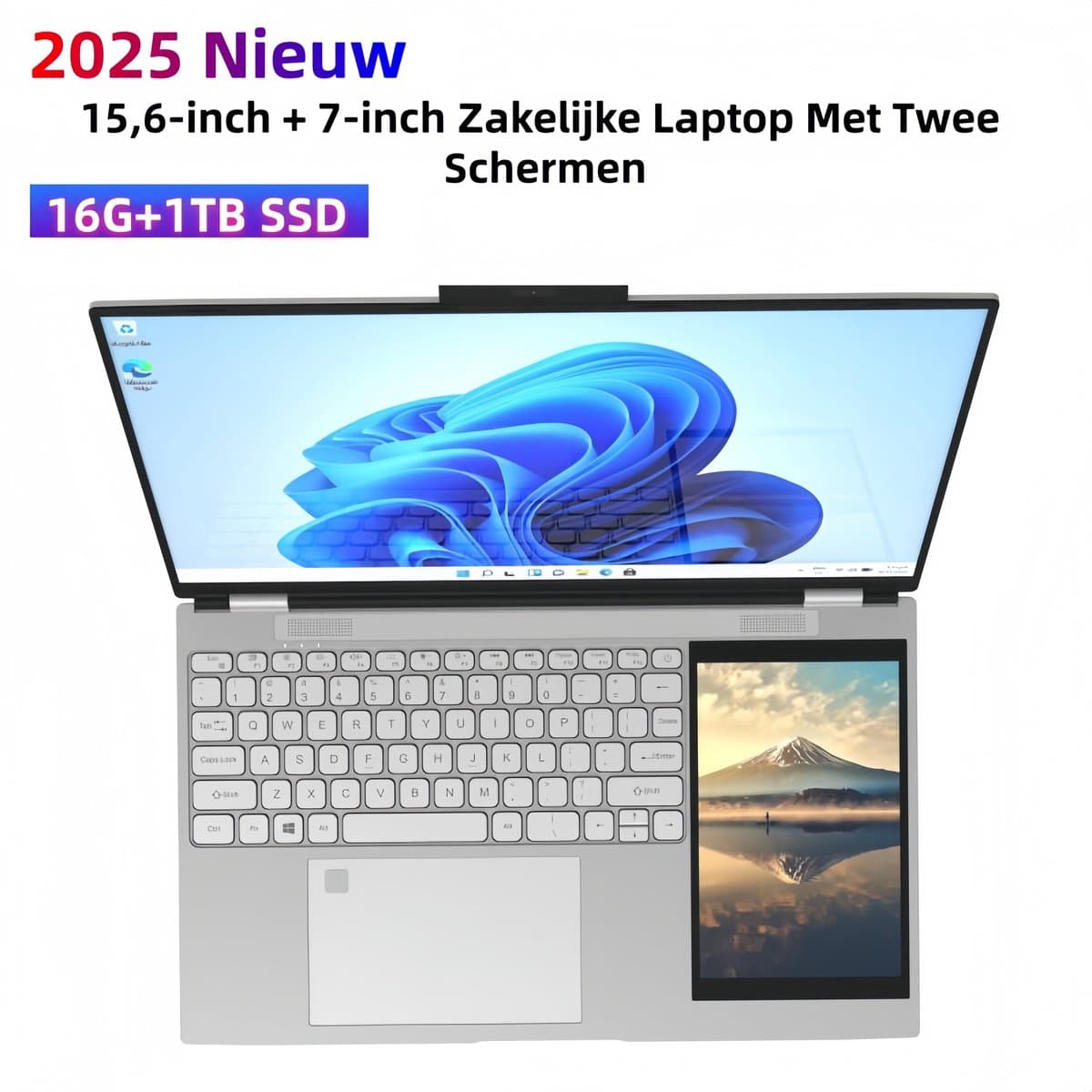 15.6" + 7" Dual-Screen Zakelijke Laptop, 16GB RAM & 1TB SSD, 180° Klapbaar, RGB Regenboog Toetsenbord met Ronde Toetsen, Vingerafdruk, Afneembare 2MP Webcam, IPS Touchscreen — afbeelding 1