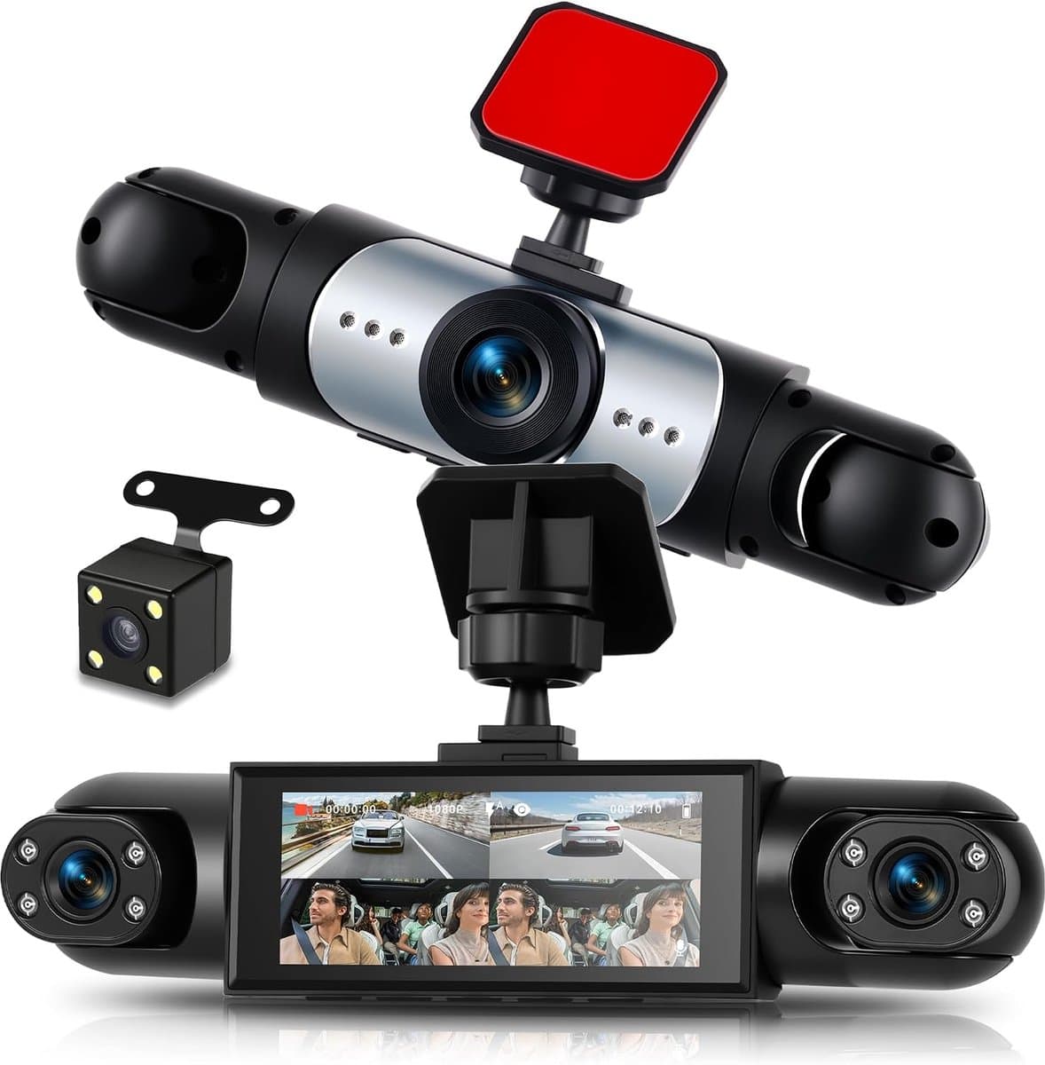 Dashcam autocamera, 4 kanalen, 360 graden, 8,9 cm (3,16 inch), geïntegreerd nachtzicht, bewegingsdetectie, 24/7 parkeermodus, achteruitrijhulp — afbeelding 1