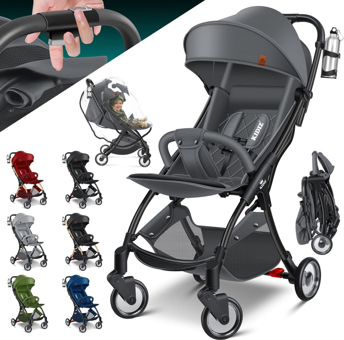 KIDIZ® Kinderwagen Premium - inklapbare buggy met ligstand - 360° wielen en 5-puntsgordel - grijs — afbeelding 1