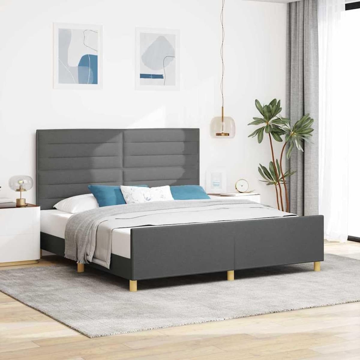 Bedframe met hoofdeinde Donkergrijs 180 x 200 cm Stof Platformbed Stofbekleding Schuimvulling Inclusief Lattenbodem Eenvoudig te Monteren Strak Design Slaapkamer Modern — afbeelding 1